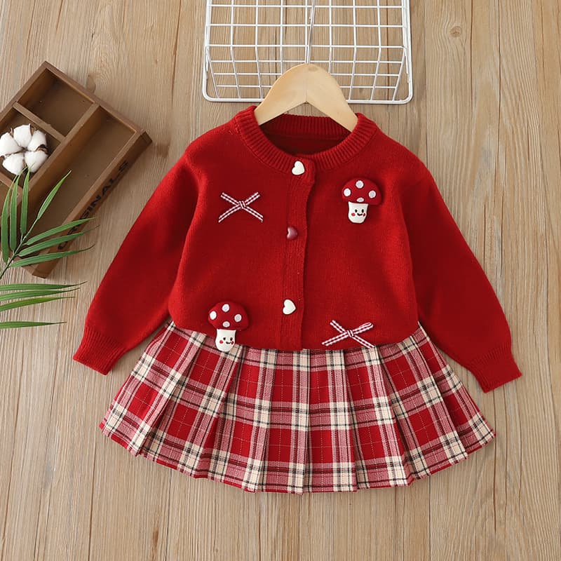 Girls' Set 2025 Autumn/Winter New Year Princess Skirt Set Mushroom Knit Sweater Toddler Two-Piece