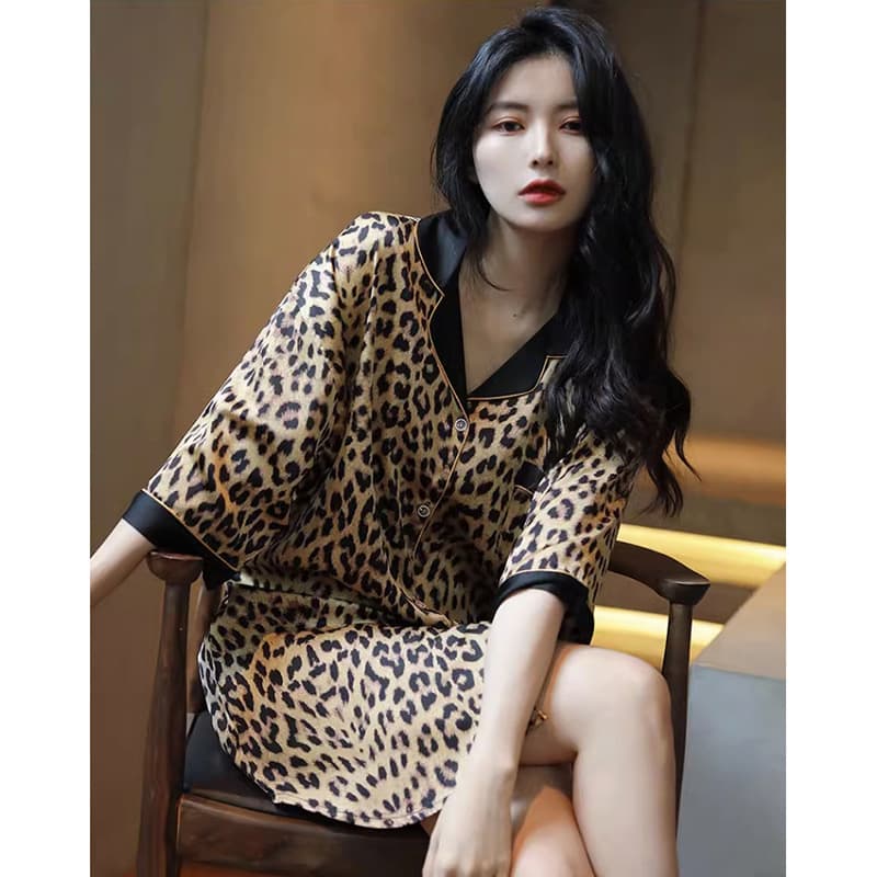 Sexy Ice Silk Leopard Print Sleepwear Women's Summer Thin Casual Comfortable Home Clothes Outerwear Five-Quarter Sleeve Dress