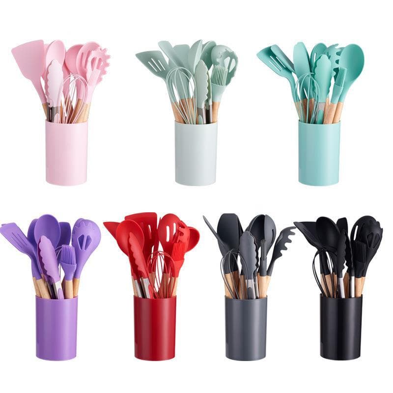 Wood Handle Silicone Kitchen Utensils 12-Piece Set, Non-Stick Silicone Cooking Spatula and Spoon, 7-Color Kitchen Tool Set