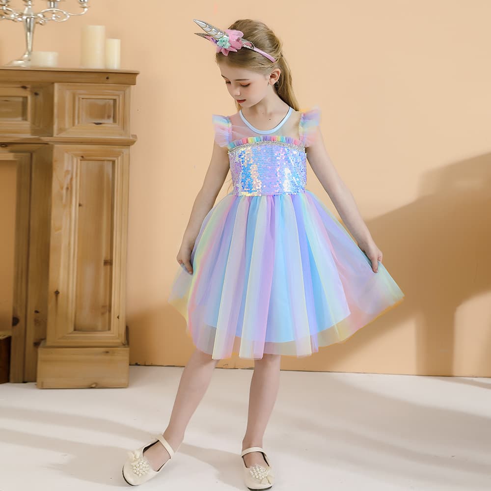 New Cross-border Polly Dress Sequined Rainbow Tulle Dress Fairy Style for Girls Middle and Small Sizes Drop Shipping
