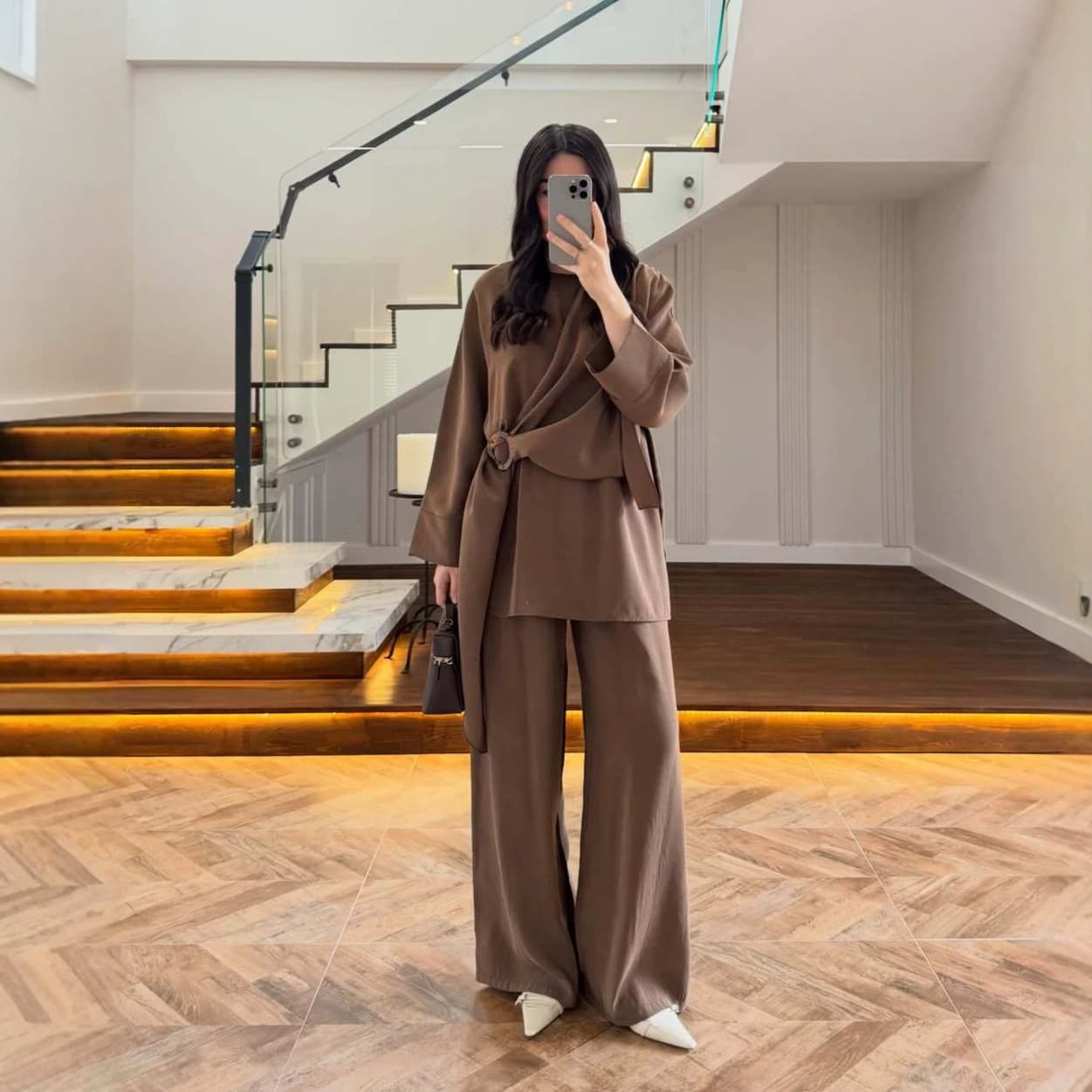 2026 European and American Amazon Women's New Design Round Neck Long Sleeve Tie Top with Flowing Wide Leg Pants Set