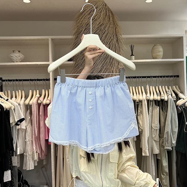 Dongdaemun Women's Clothing 2024 Summer New French-style Pink Shorts with Lace Trim and Striped Wide-Leg Pants
