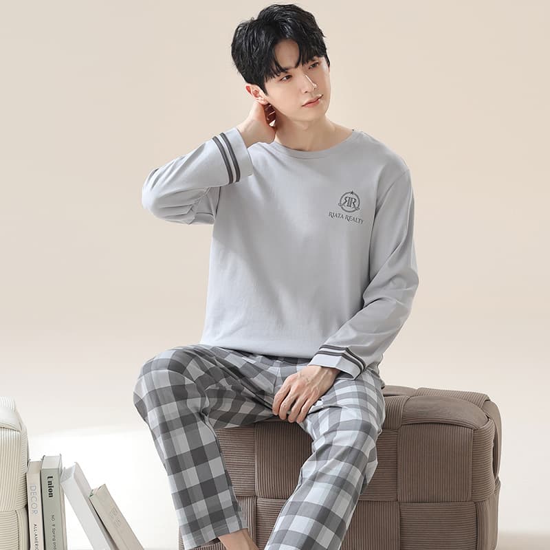 Spring and Autumn New Men's Pajamas Cotton Casual Plaid Plus Size Youth Round Neck Pullover Long Sleeve Homewear Set