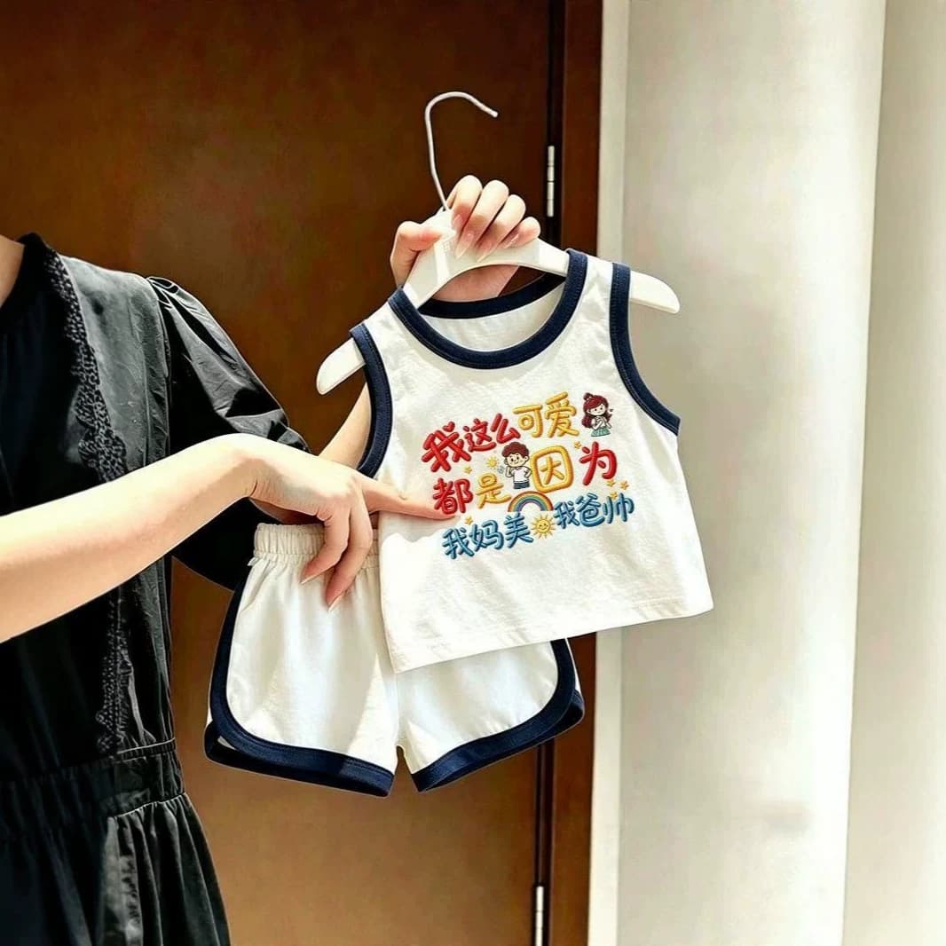 My mom is beautiful and my dad is handsome ~ Children's baby pure cotton suit boys and girls sleeveless vest shorts western style two-piece set