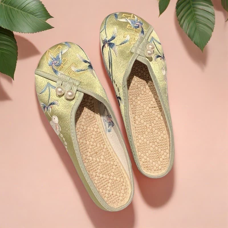 Summer Closed-Toe Slippers for Women, Soft Sole Linen Vintage Embroidery Satin Slippers, Hanfu Shoes, Women's Cool Slippers, New Chinese Style