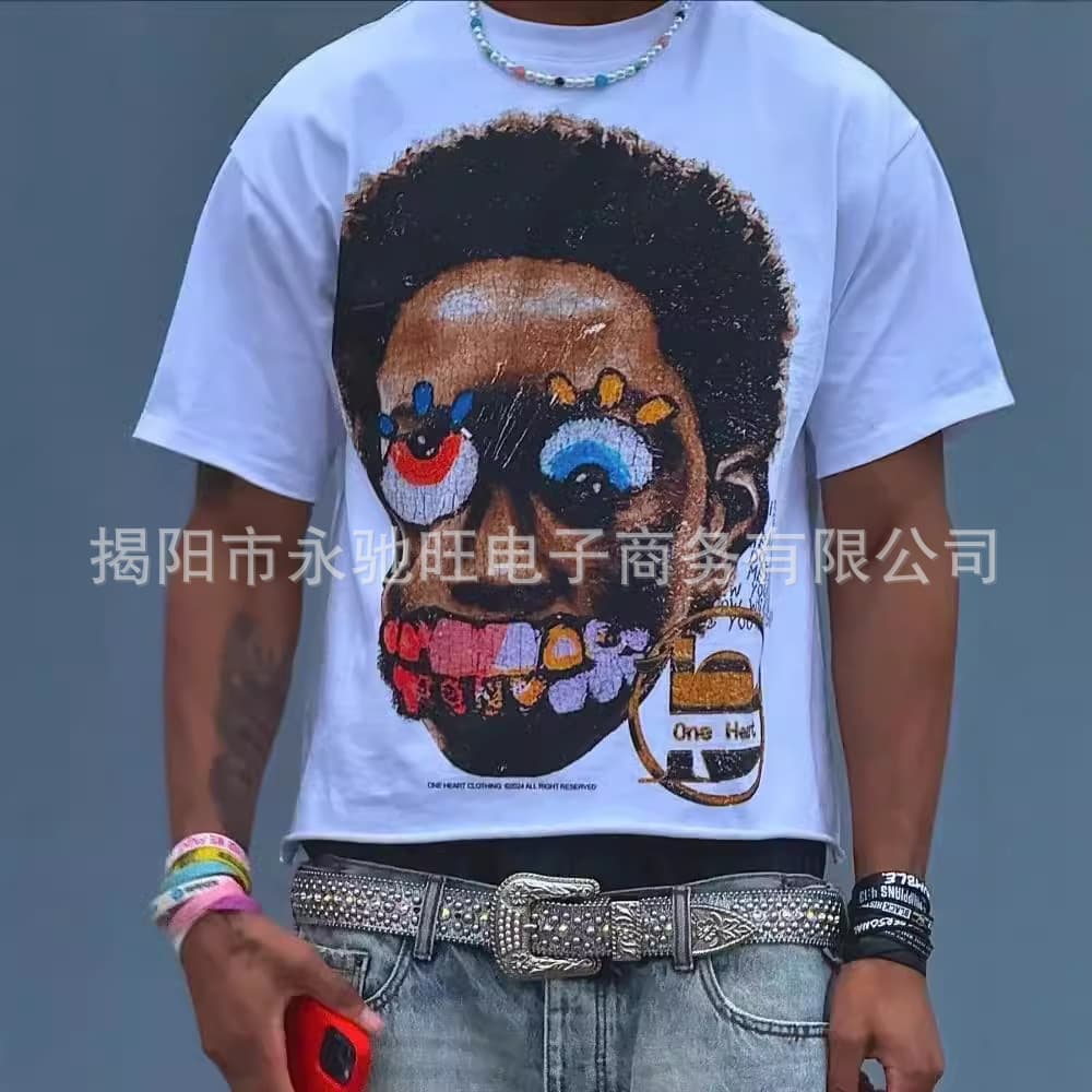 American Style Gothic Trendy Oversized Men's Head Printing T-Shirt Y2K Street Hip Hop Harajuku Casual Short Sleeves Top