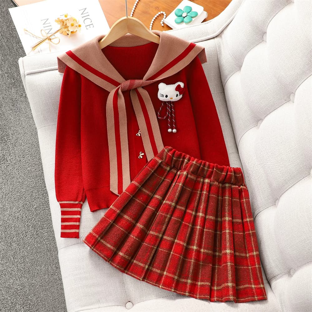 Girls' Christmas New Year School Style Sweater & Skirt Set, New Autumn/Winter, Red Knit Top & Pleated Mini Skirt for Big Girls