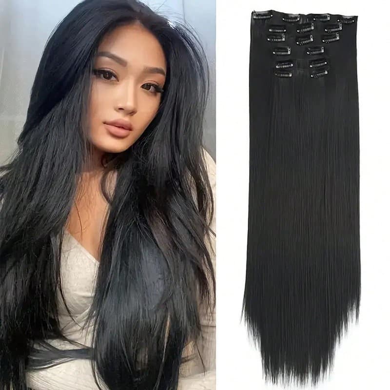 European and American Women's Black Long Straight Hair Extension Set of 6 Pieces, Natural Wavy Clip-in Hair Extensions from Xuchang