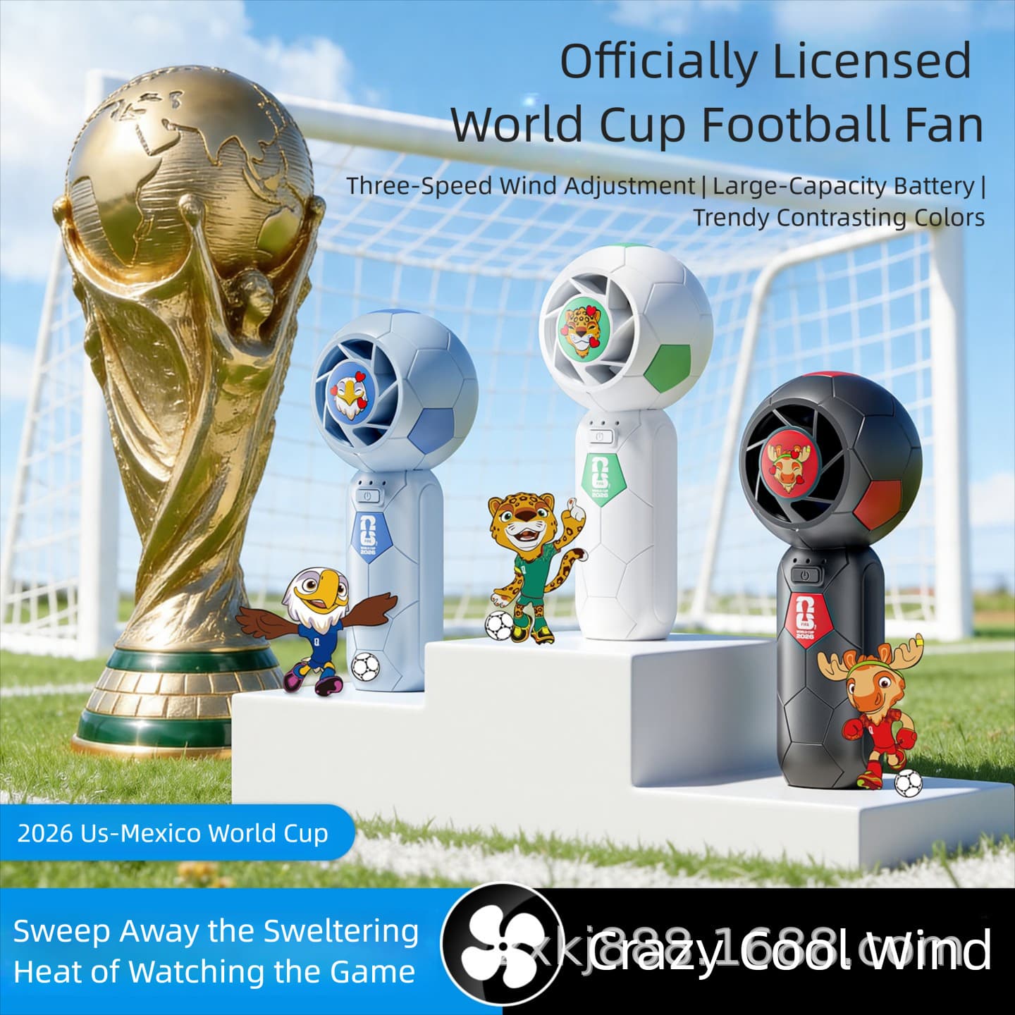 New 2026 USA-Mexico-Canada World Cup Souvenir Mini Handheld Fan, Strong Wind, Trophy Soccer