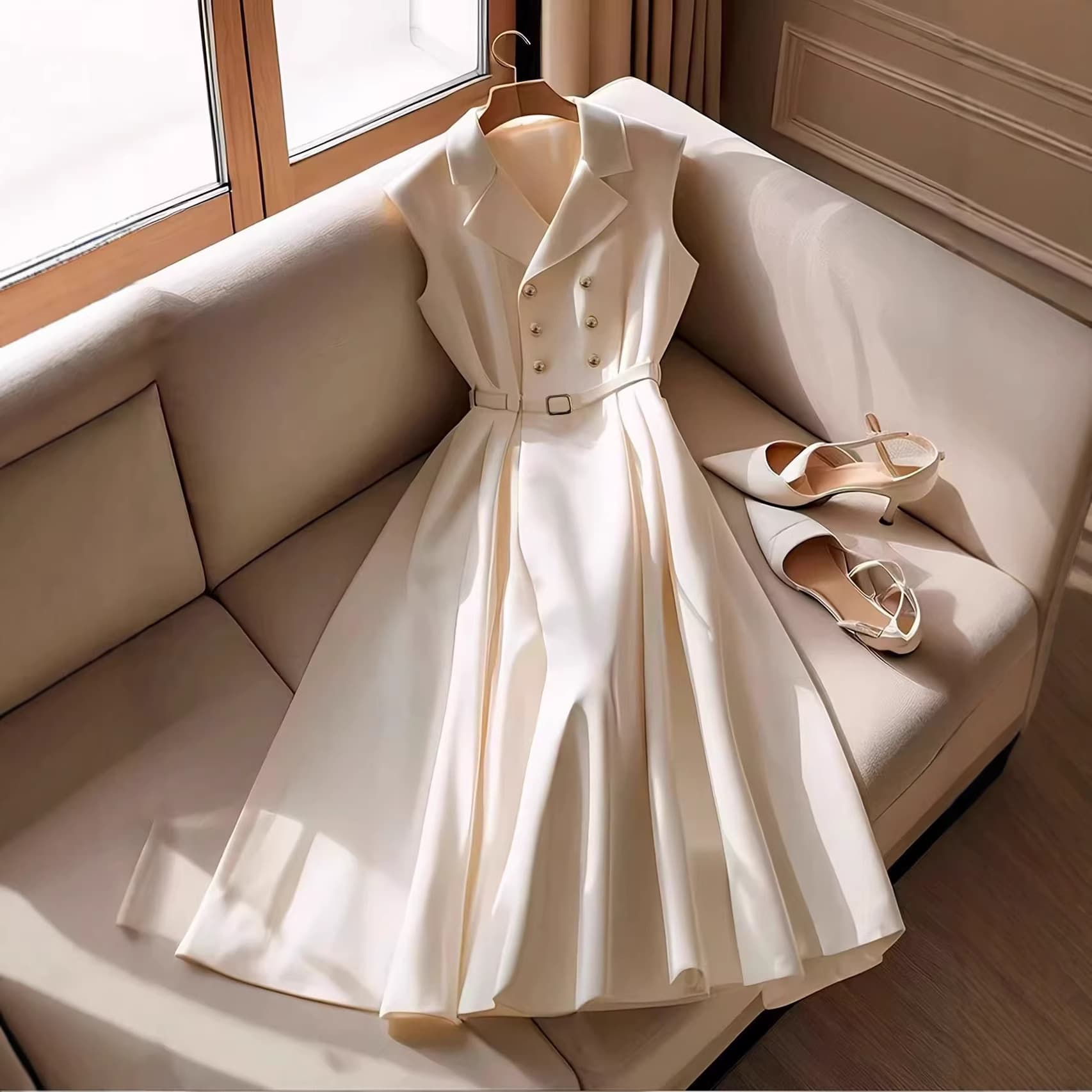 Women's Elegant Sleeveless Double Breasted Midi Dress in Soft Cream - Perfect for Spring and Summer Commuting