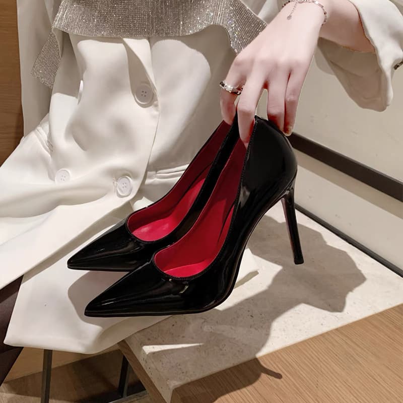 Black High Heels Women's 2023 New Patent Leather Red Sole Stiletto 10cm Single Shoes for Women