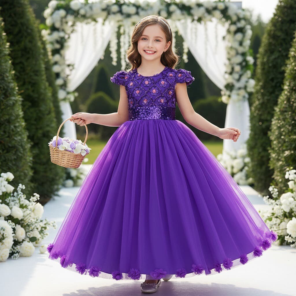 Long Formal Dress with Embroidered Sequins, Mesh Skirt, Floral Princess Dress, Wedding Flower Girl Dress, Piano Performance Outfit