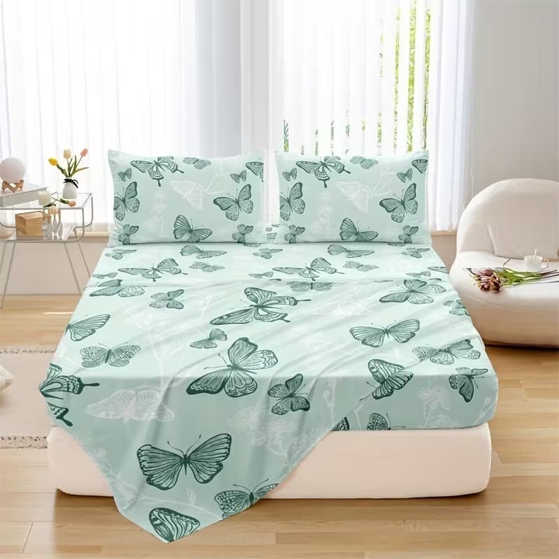 Drop shipping JIT Shein Temu printed butterfly pattern fitted sheet flat sheet pillowcase 4-piece set source factory