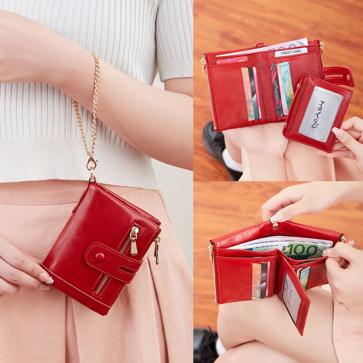 Crossbody Women's Short Wallet Chain Handbag Tri-fold Leather Wallet Double Zipper Coin Purse New Short Style