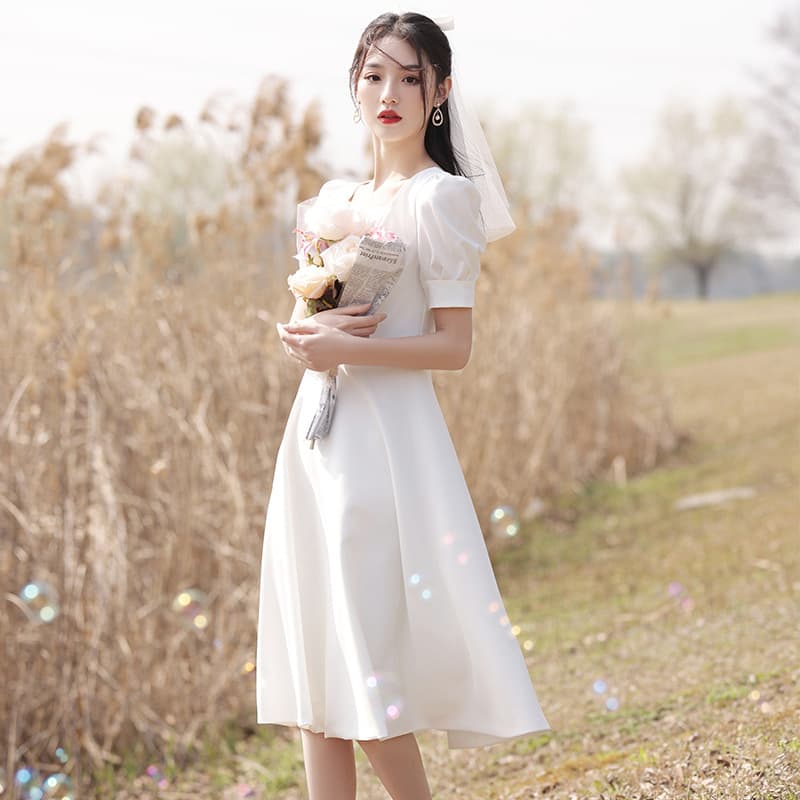 Satin Light Wedding Dress French Simple Summer Petite Civil Registry White Dress Engagement Dress White Little Formal Dress Women