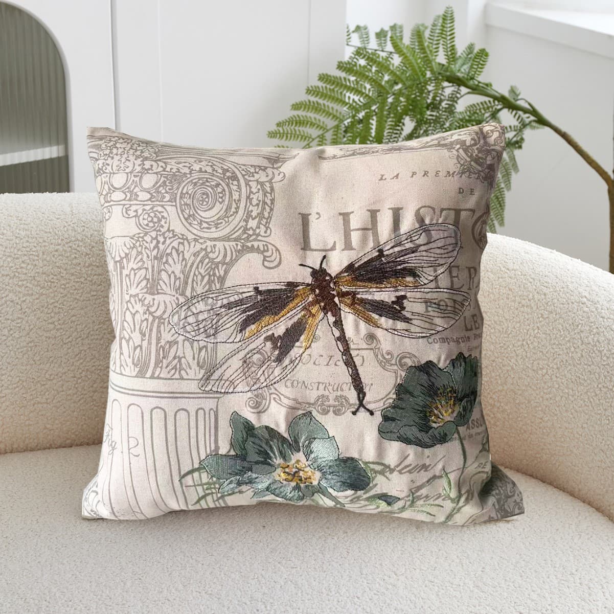 2026 New American Country Dragonfly Pattern Cotton Linen Embroidered Pillow Cover Home Fabric Cushion Cover for Sofa Car Use