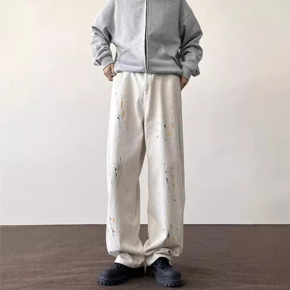 High Street Vintage Pants with Splatter Paint Brush Design Oversize Straight Leg Jeans European and American Street Style