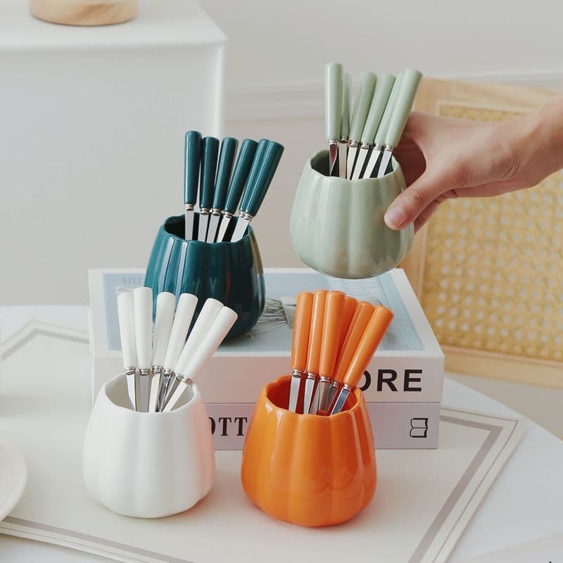 Ceramic Fruit Fork Storage Jar, Home Stainless Steel Dessert Spoon, High Appearance Value Set, Small Fork Decoration