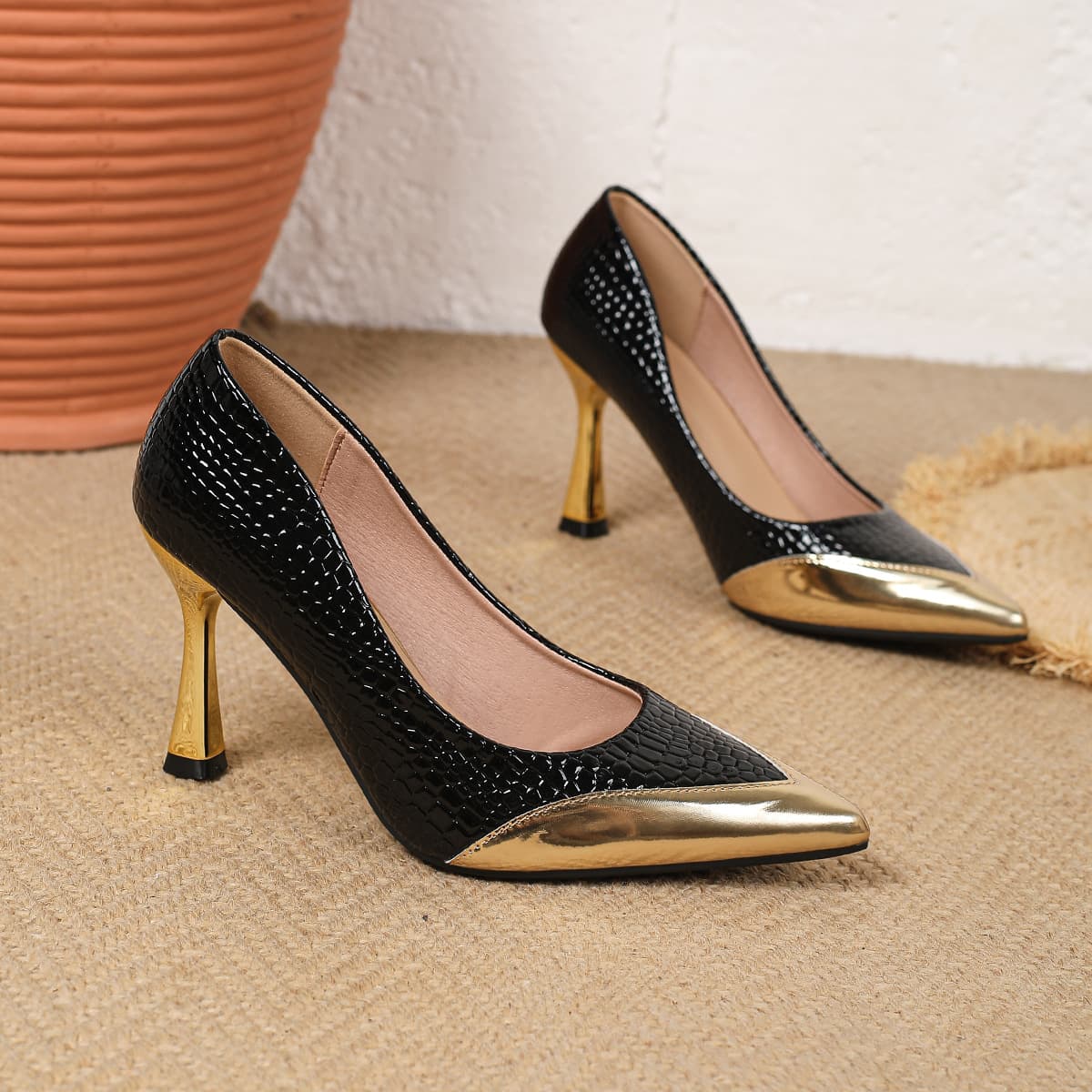 Cross-border Trade European and American Style Banquet Women's Shoes Slim High Heel Mid Heel Shallow Mouth Metal Pointed Toe Snake Print Single Shoes