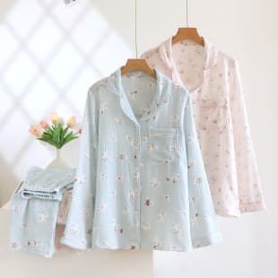 Women's Double-Layer Gauze Cartoon Lapel Pajama Set, Pure Cotton Long Sleeve and Long Pants, Thin Loungewear Suitable for Outdoor Wear