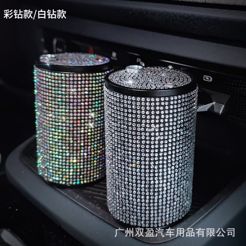 Car-Mounted Stainless Steel Metal Ashtray with Cover Creative Diamond Embedded Multi-Functional Vehicle Interior Accessory