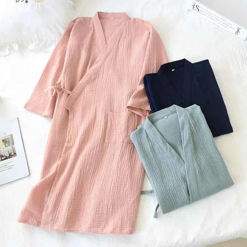 Spring/Summer Crepe Fabric Thin Unisex Japanese Double-Layer Gauze Cotton Kimono Bathrobe Couple Robe