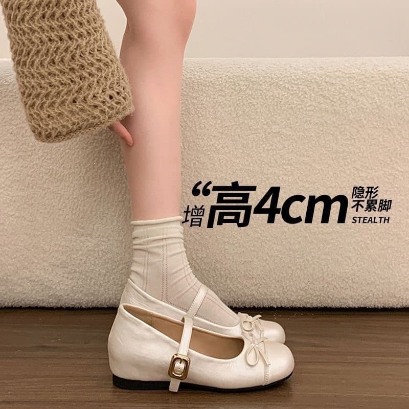French Silver Inner Heightening Mary Jane Shoes for Women 2026 Summer New Ballet Style Shallow Mouth Leather Shoes for Dresses