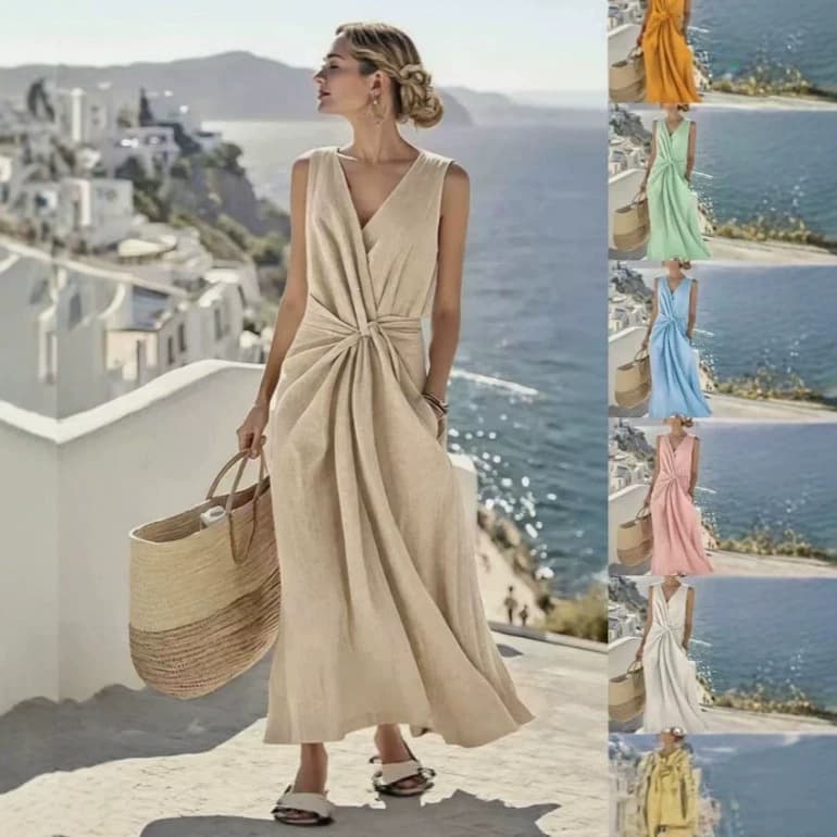 2026 European and American cross-border new women's clothing twist fashion temperament solid color cotton and linen V-neck sleeveless pocket dress
