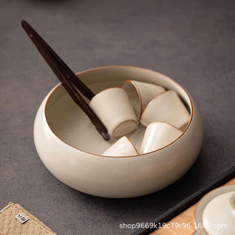 Ru Kiln Beige Round Tea Washing Bowl, Tea Residue Container, Tea Washing Cup, Water Washing Vessel, Ceramic Tea Washing Device, Tea Basin, Tea Accessories