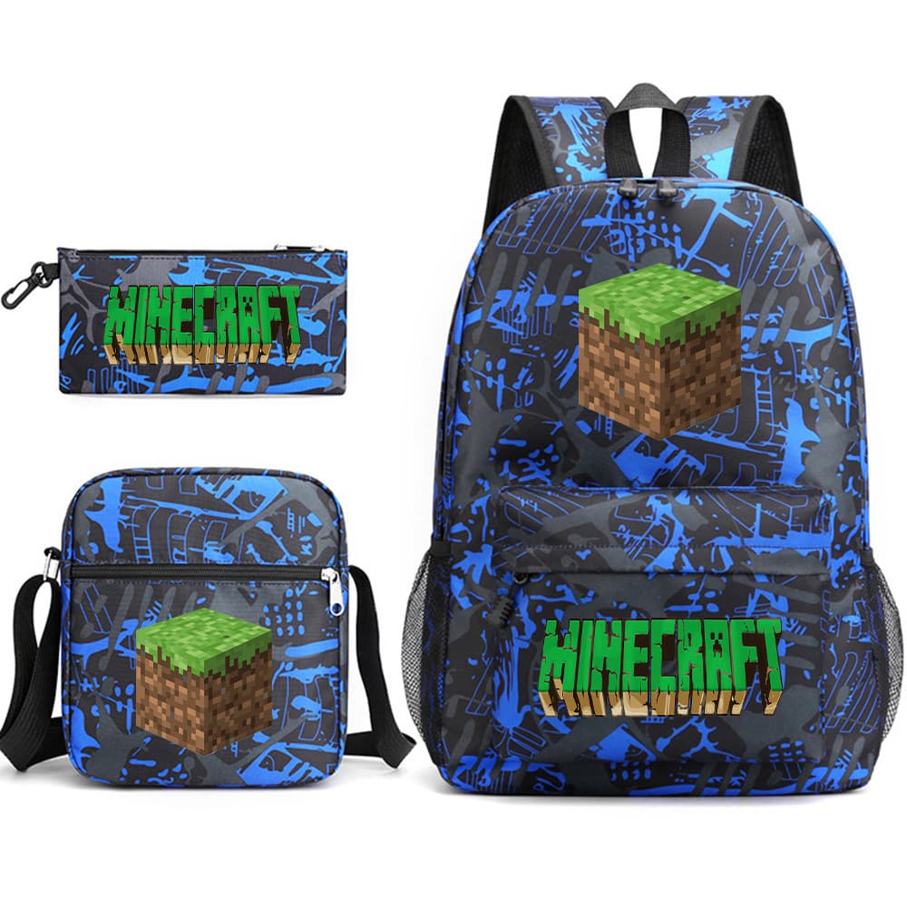 Minecraft school bag game peripherals student large-capacity printed three-piece school bag for men and women