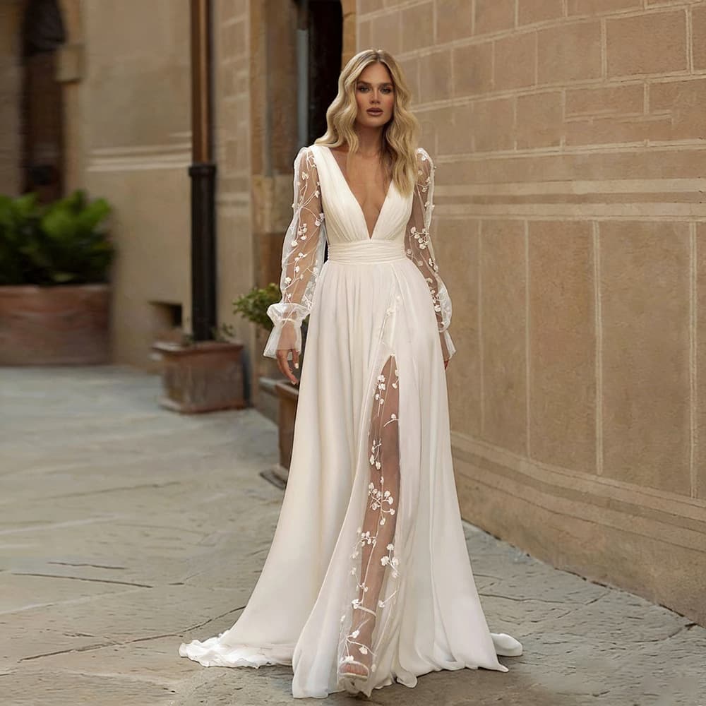 Cross-border deep V wedding dress skirt AliExpress tulle long-sleeved bride photo street shooting design birthday dress