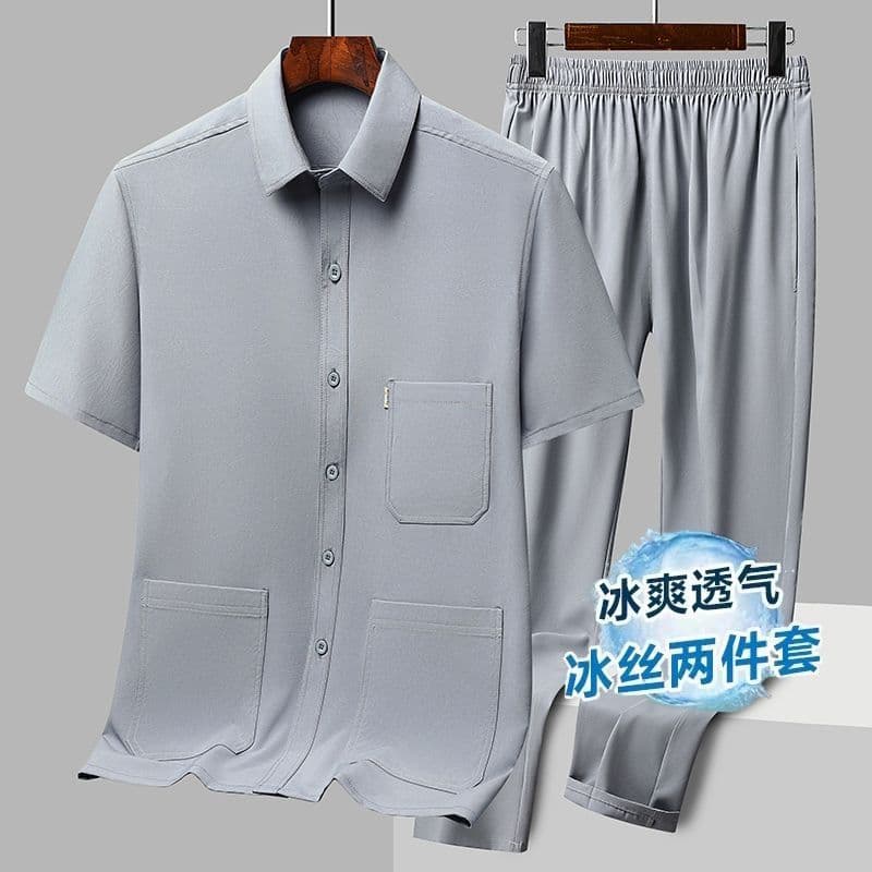 Summer Ice Silk Short Sleeve Shirt Set for Middle-aged and Elderly Men