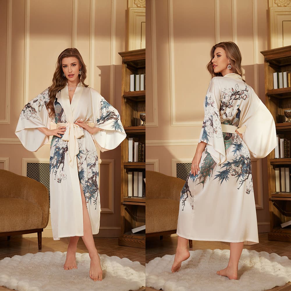 Amazon New Women's Spring/Autumn Morning Robe Long Sleeve Bathrobe Women's High-End Satin Sleepwear Collection