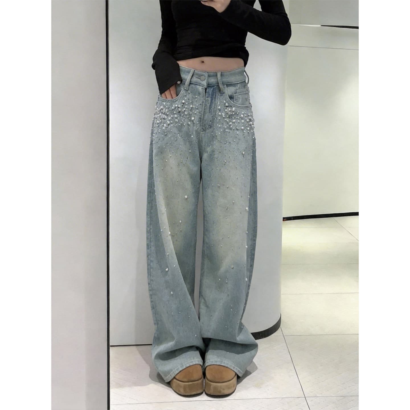 Heavy-duty Vintage Rhinestone Wide-Leg Jeans 2026 New Women's Straight-Leg Versatile Starry Blue Wide-Leg Long Pants