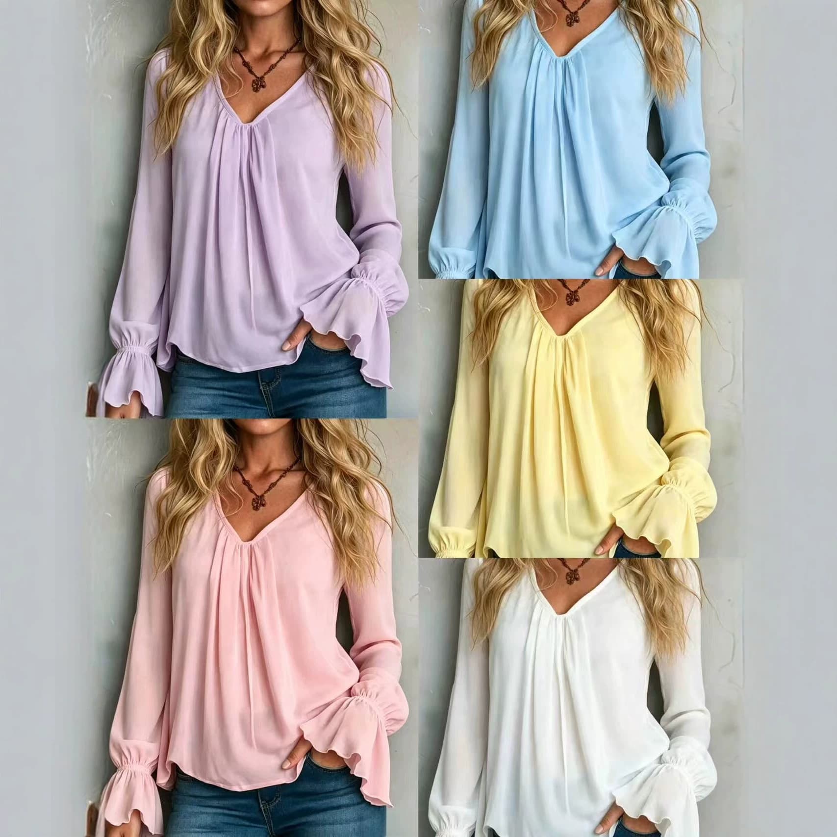 2026 European and American Cross-Border Commute Versatile V-Neck Pleated Elegant Loose Solid Color Long Sleeve Blouse Women's Source Factory