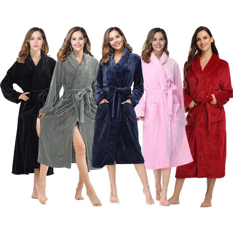 Cross-border Bathrobe Autumn/Winter Thick Warm Comfortable Flannel Sleepwear Homewear Thick Collar Extended Bathrobe