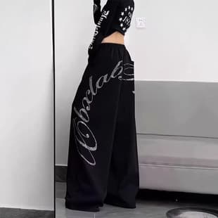 Rhinestone Black Sports Wide-Leg Pants for Women, Autumn/Winter New Trendy Street Dance Jazz Dance Casual Floor-Length Trousers