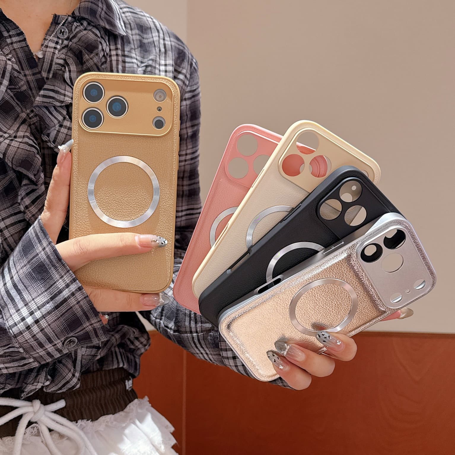 Vegan Leather Magnetic Ring Case for iPhone 17 Pro Max, Minimalist PC 16 Pro New Precision Cut 15p Protective Cover