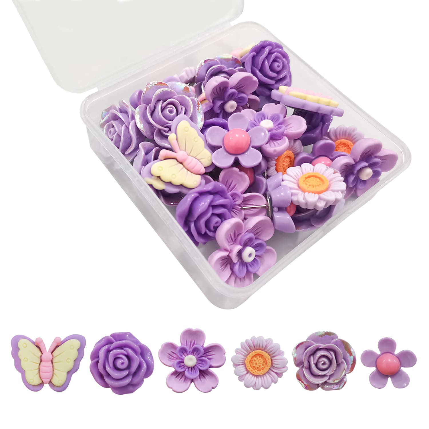 30pcs Purple Resin Butterfly Flower Decorative Push Pins for Cork Board Wall Decoration