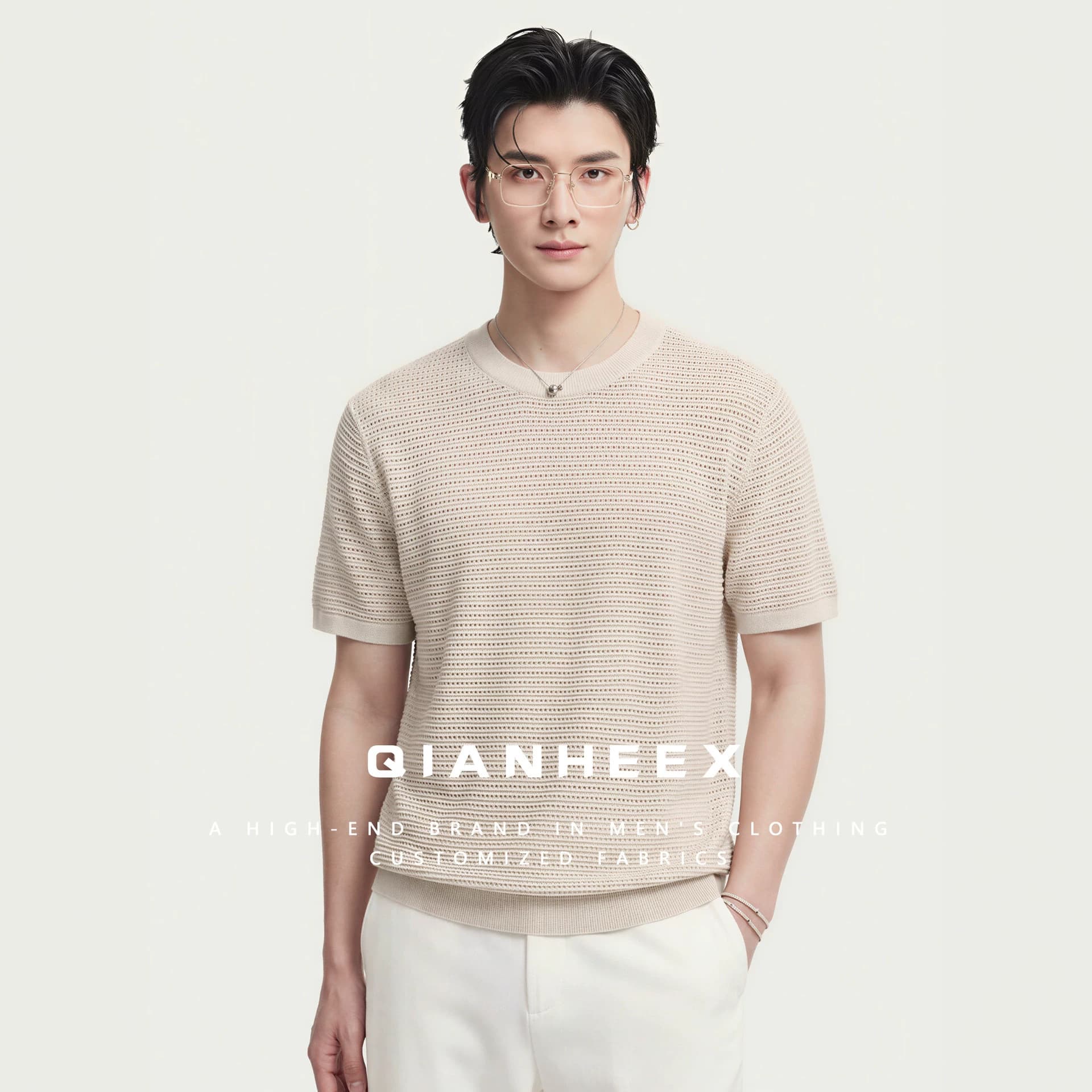Ribbed Knit Cutout Design Linen-Blend Round Neck Short Sleeve T-Shirt for Men Summer