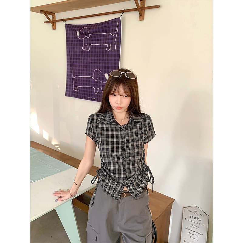 Vintage Plaid Slim Fit Waist-Cinching Shirt Summer New Short Style Fashion Short Sleeve Blouse Slimming Trendy Top