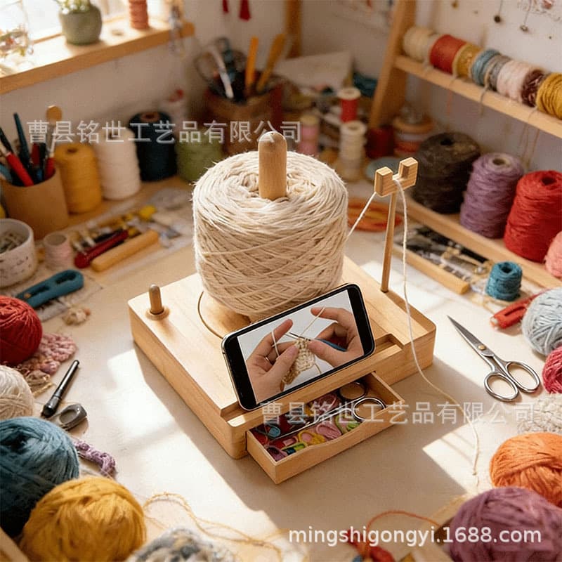 Cross-border Wooden Yarn Knitting Frame Solid Wood Crochet Hook Yarn Holder Solid Wood Rotatable Yarn Holder with Phone Base