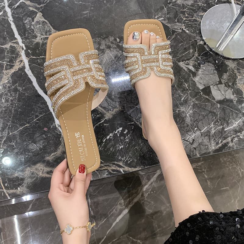 Crystal Flat Fashion Square Toe Slide Sandals for Women 2025 Summer New Arrival Export Large Size Lightweight Slippers 44