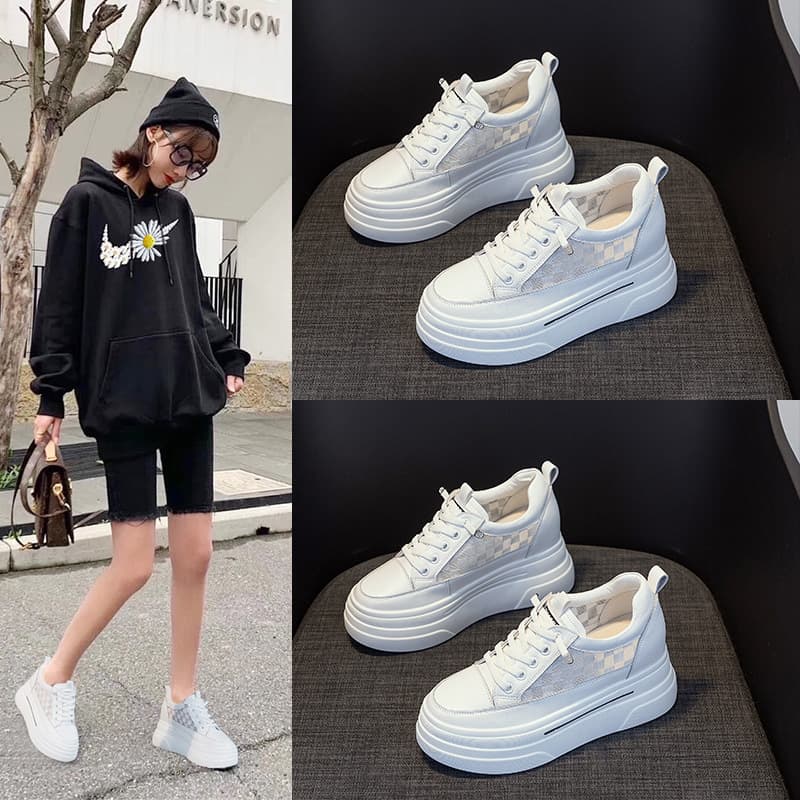 Mesh White Sneakers for Women Ins Trend 2026 Summer New Checkerboard Low-Top Breathable Skate Shoes Thick Sole Height-Increasing Women's Shoes