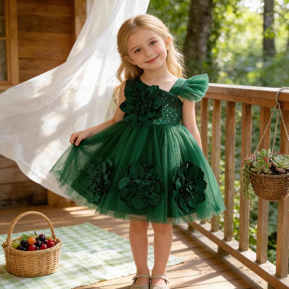 Cross-Border In Stock Children's Gown Ball Flower Solid Color Wedding Princess Dress Piano Performance Dress Girl Baby Dress