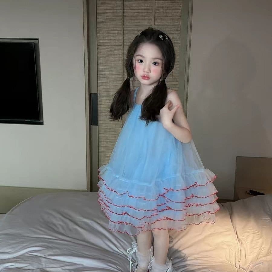 Summer Girls Dress Mesh Children Princess Dress Fashionable Strappy Dress Baby Sweet Puffy Dress Outfit