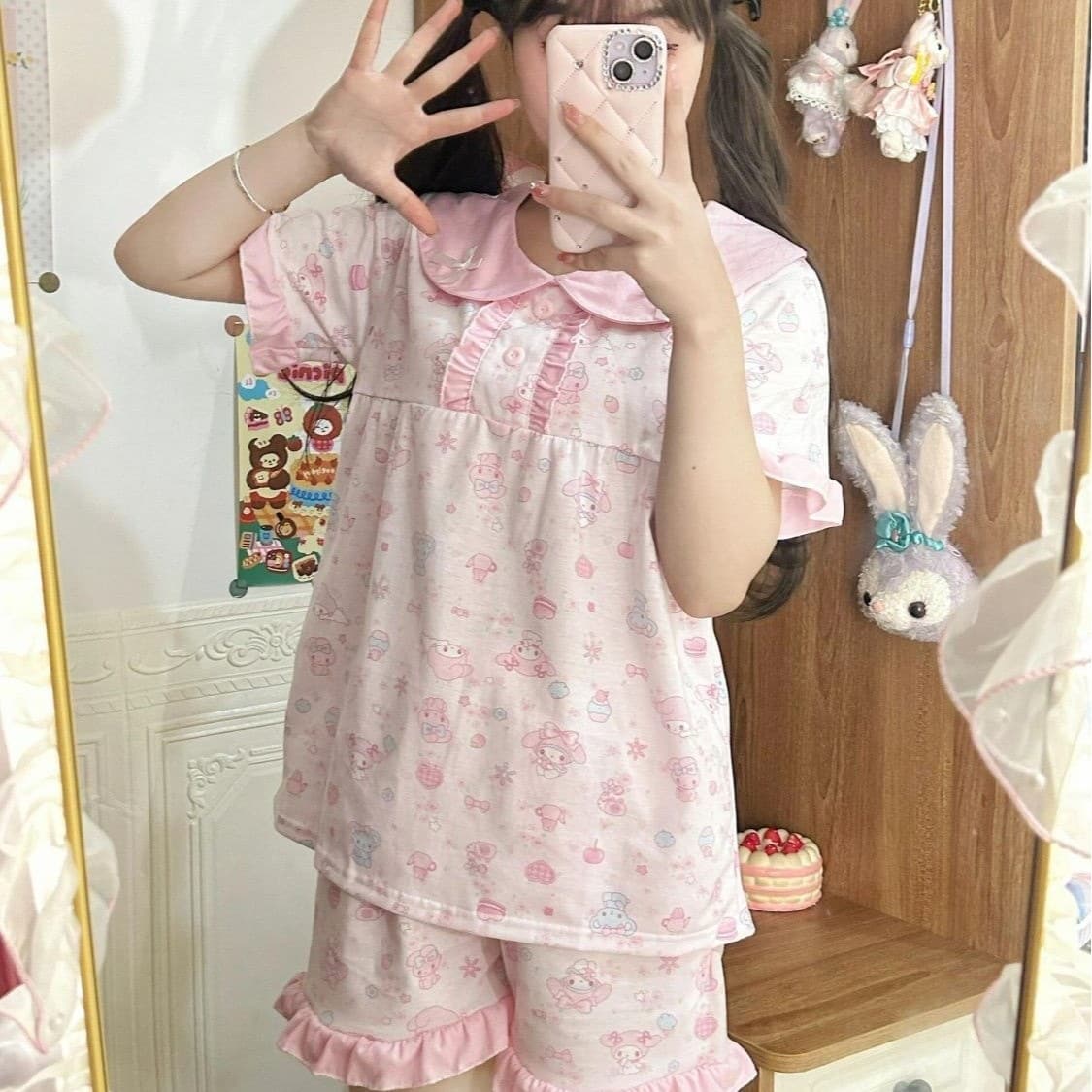 New Style Doll Collar Homewear Princess Pink Two-Piece Set with Full Print T-Shirt and Shorts Pajamas for Women