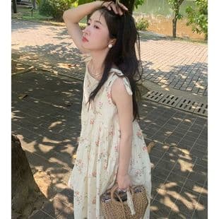 Floral Print Spaghetti Strap Dress for Women, Spring Summer Loose Fitting A-Line Long Dress Sweet Fresh