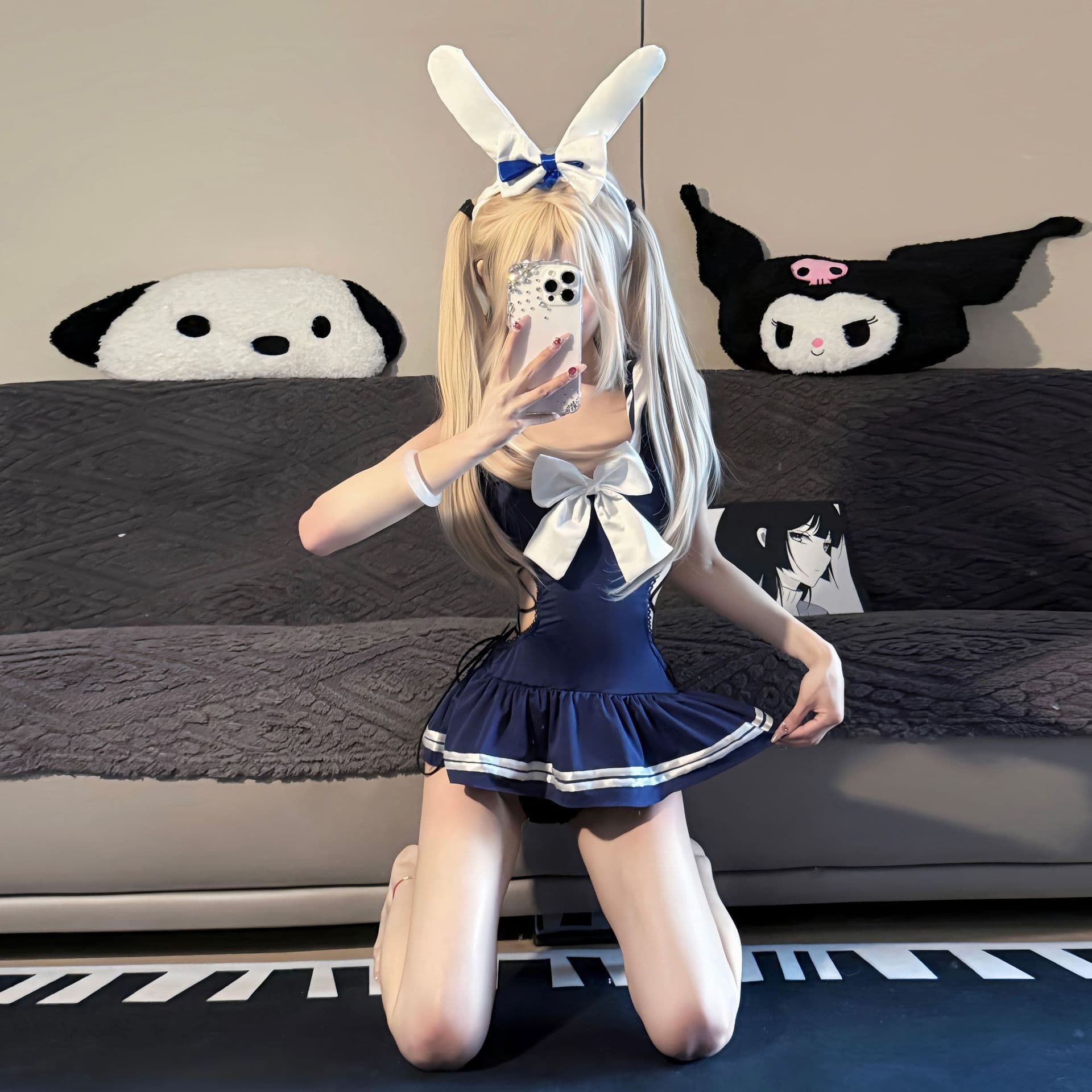 Sexy Lingerie Pure Desire Schoolgirl Bunny Uniform No-Take-Off Crotchless Swimsuit Women's Strappy One-Piece Qqny