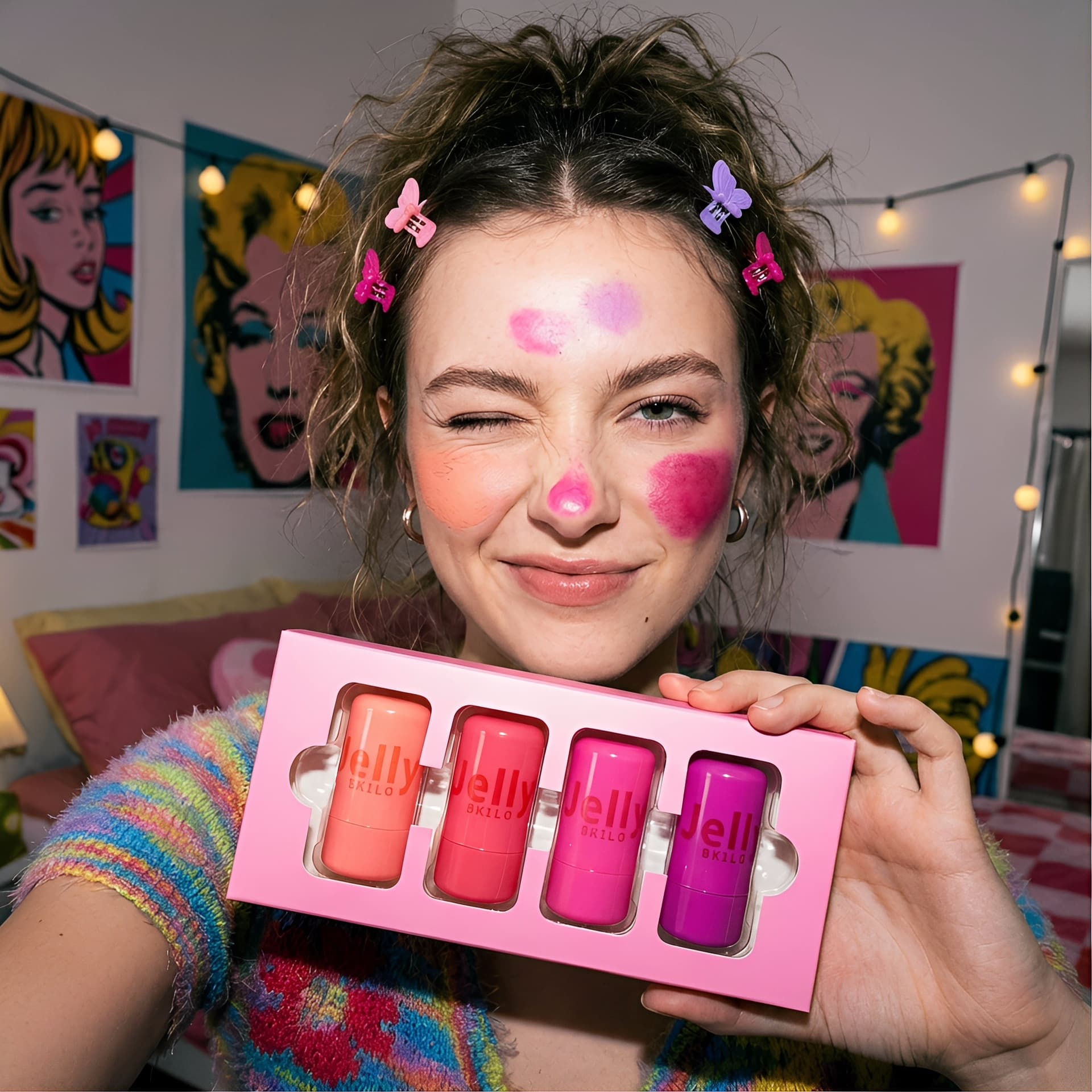 European and American Cross-Border Hot Selling Jelly Blush Lip and Cheek Dual-Use Blush Balm Lip Gloss Lipstick English Version Four-Piece Set Gift Box